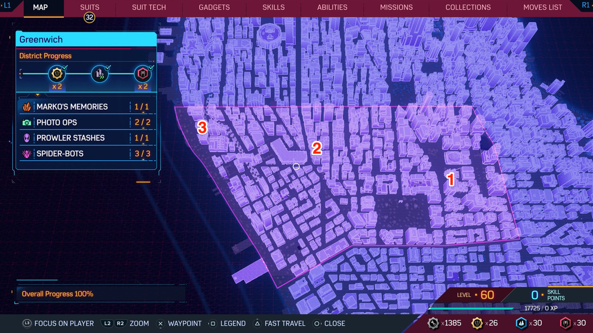 A map of New York in Spider-Man 2, showing where to find Spider-Bots