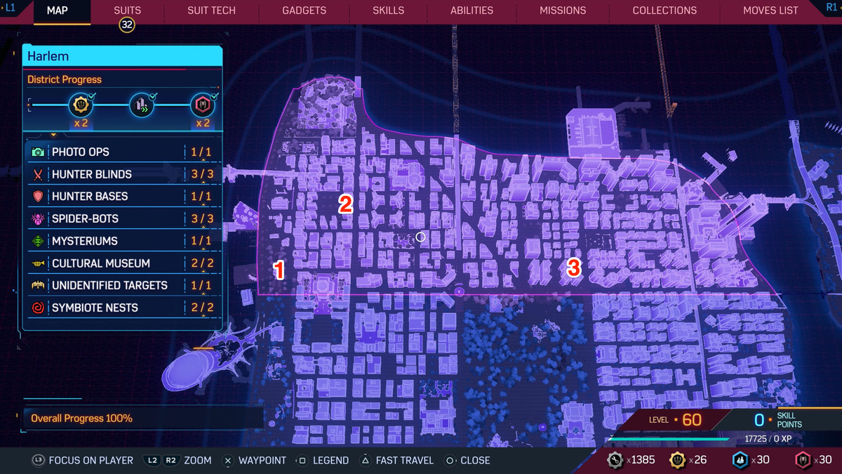 A map of New York in Spider-Man 2, showing where to find Spider-Bots