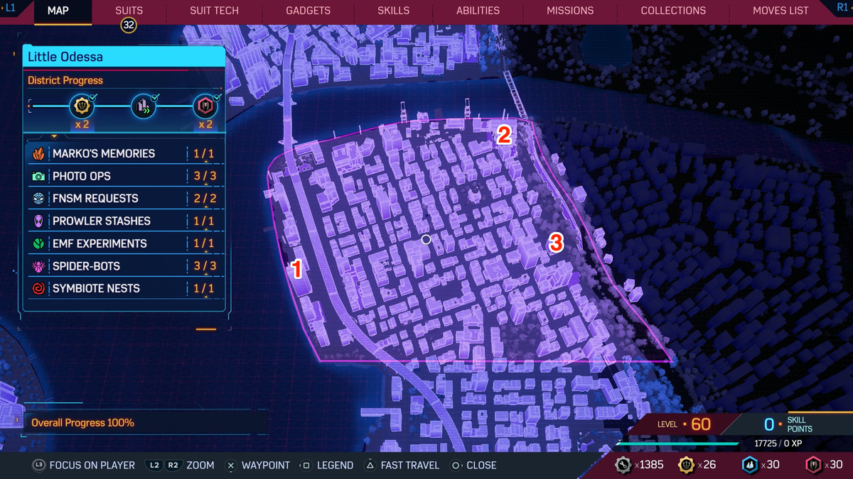 A map of New York in Spider-Man 2, showing where to find Spider-Bots