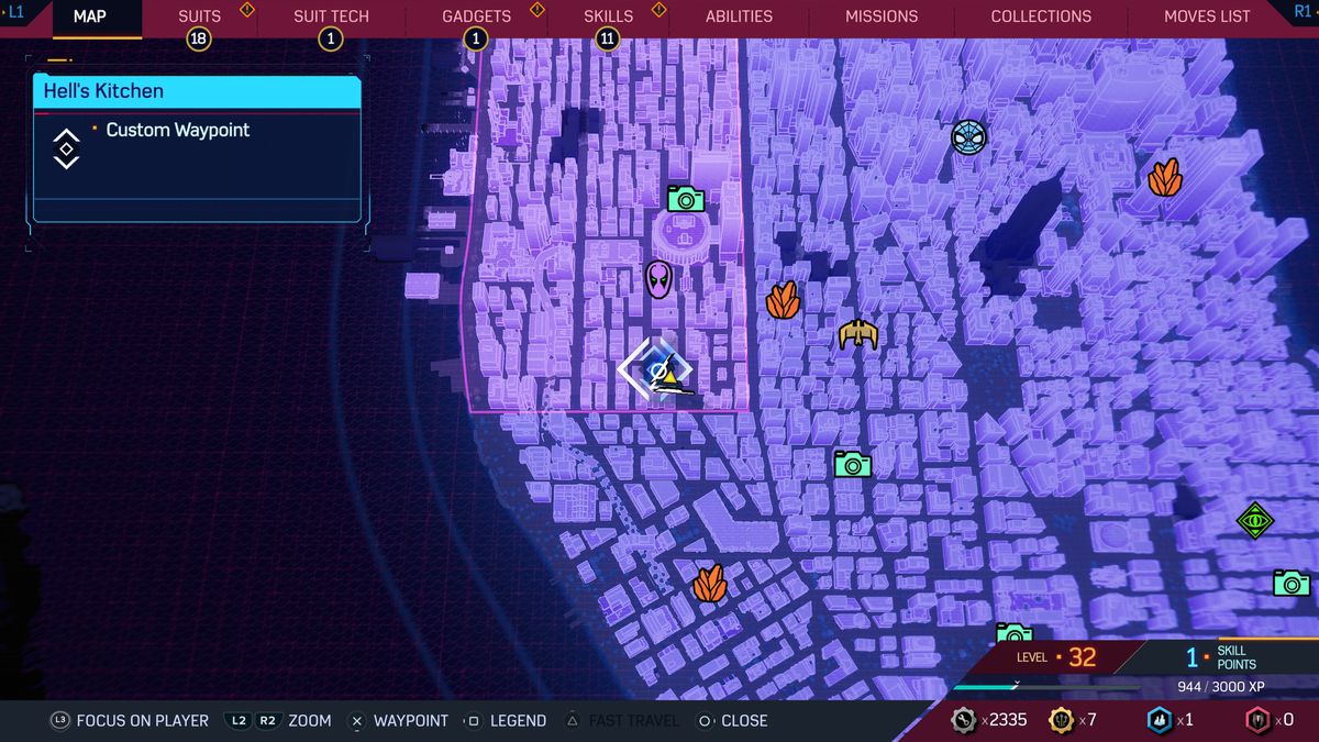 A map of New York in Spider-Man 2, showing where to find Spider-Bots