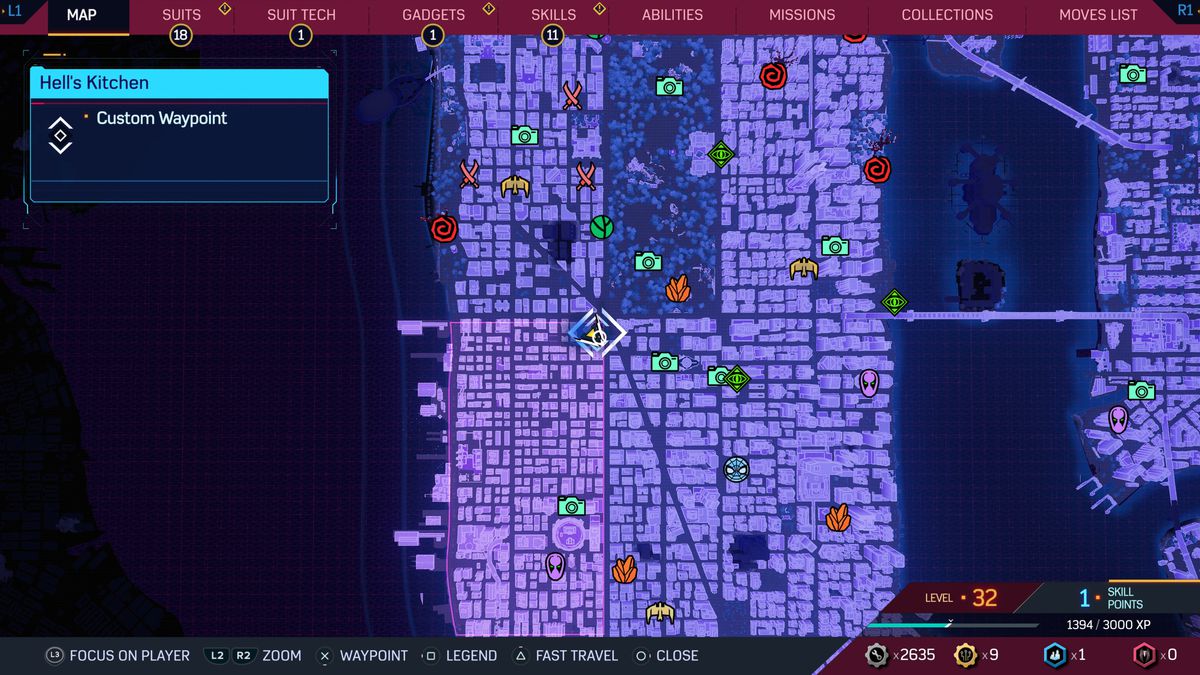 A map of New York in Spider-Man 2, showing where to find Spider-Bots