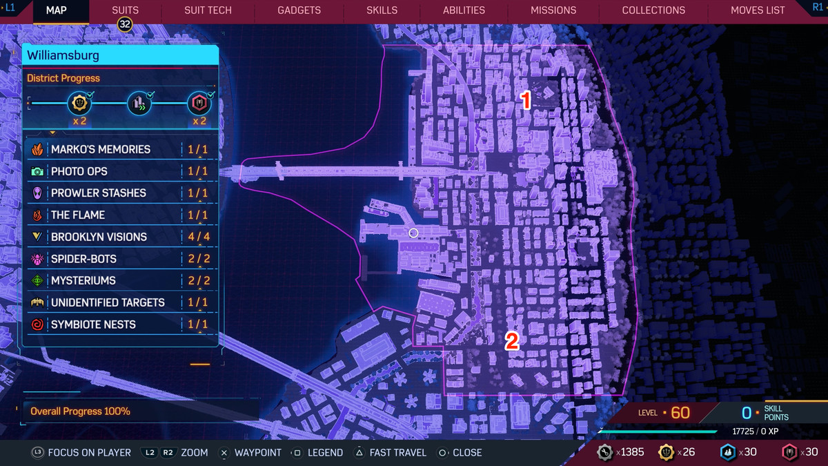 A map of New York in Spider-Man 2, showing where to find Spider-Bots