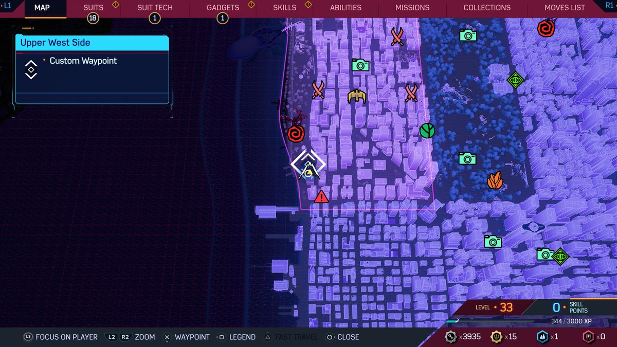 A map of New York in Spider-Man 2, showing where to find Spider-Bots