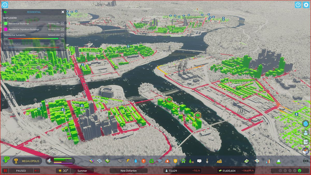 En skärmdump av en vidsträckt stad i Cities: Skylines 2, med byggnader markerade i ljust grönt och vissa större gator markerade i klarrött