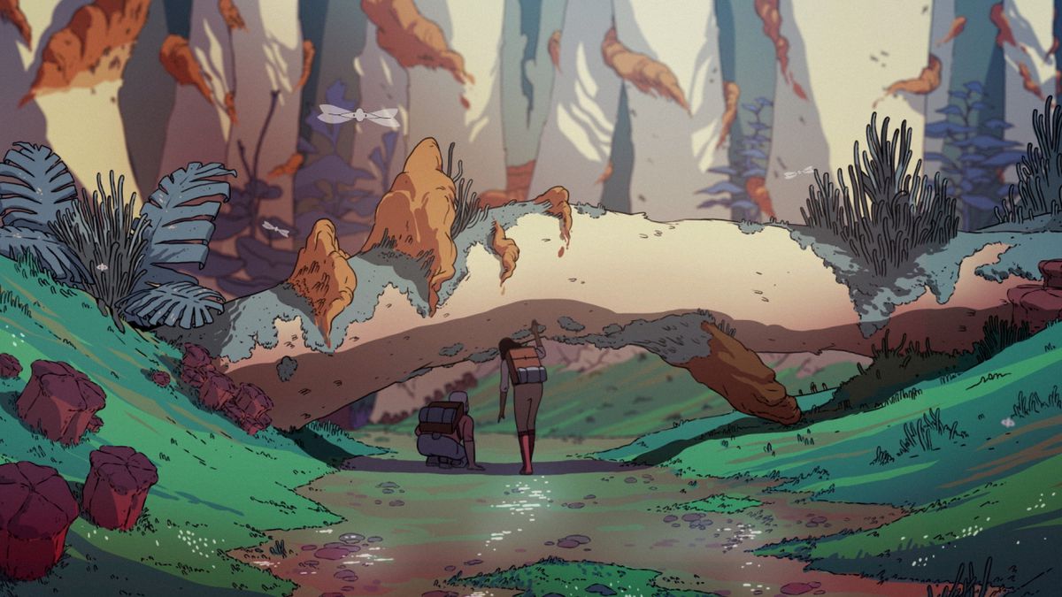 (LR) Sam och Ursula dyker under ett främmande träd med trollsländeliknande främmande varelser som fladdrar runt dem i Scavengers Reign.