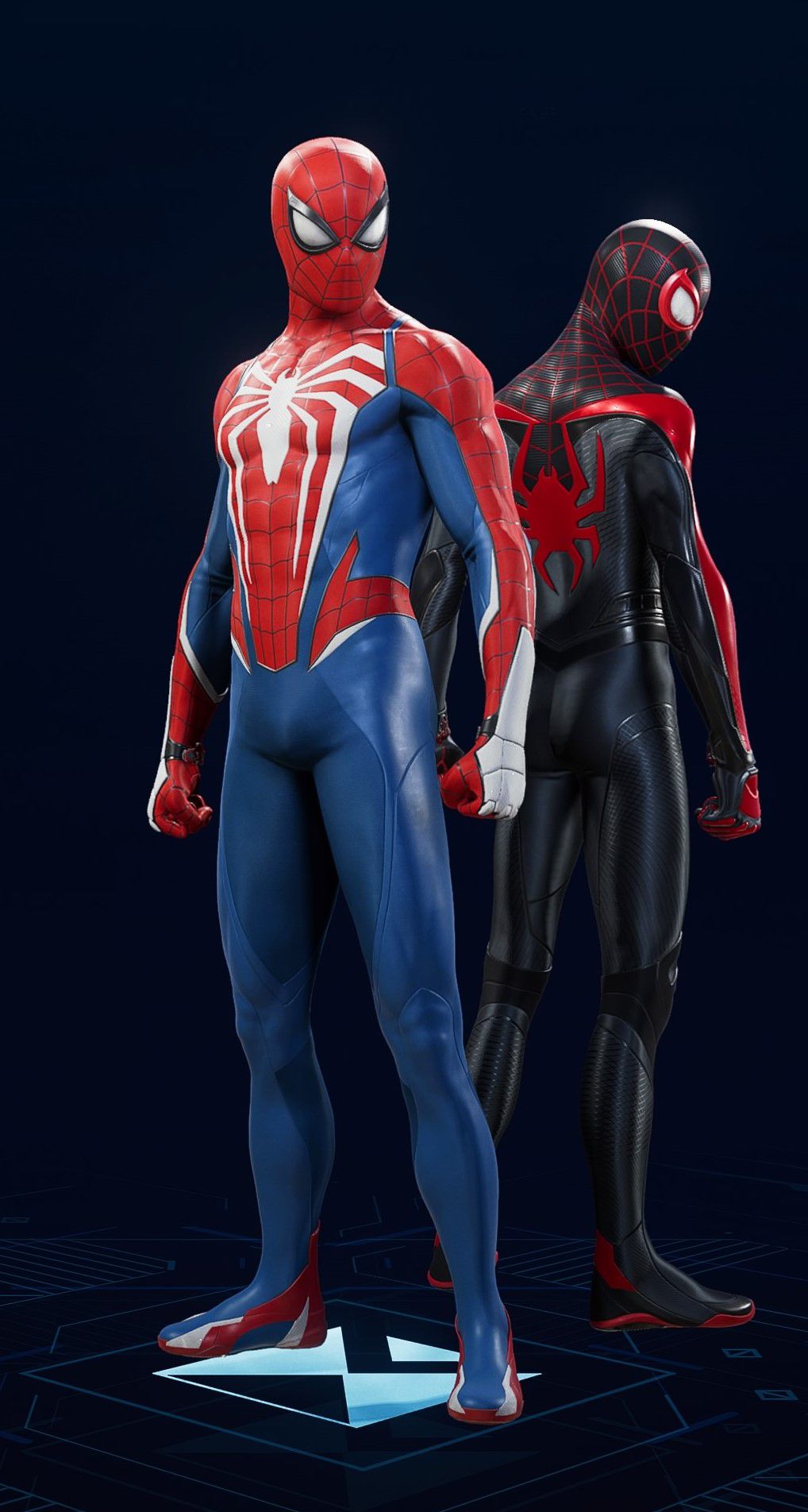 Peter Parker stands in his Advanced Suit 2.0 in the suit selection screen of Spider-Man 2.