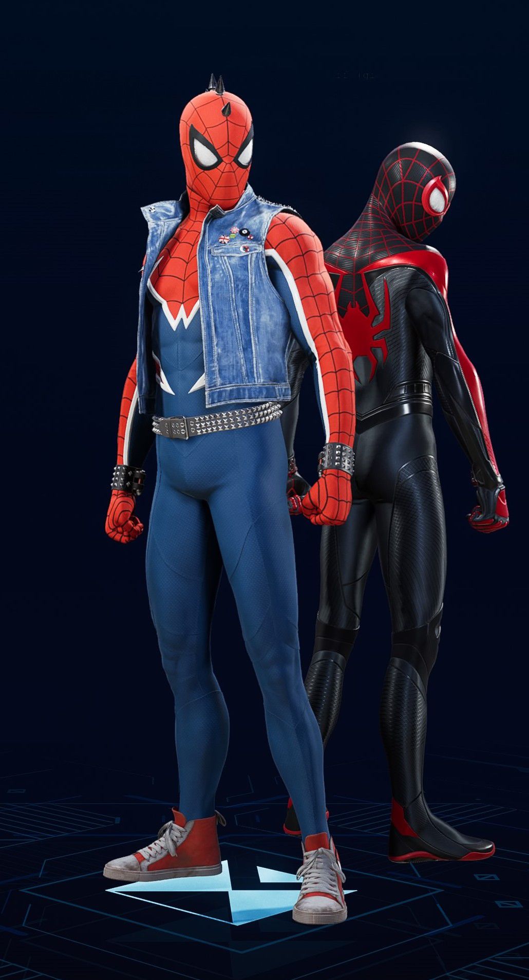 Peter Parker stands in his Spider-Punk Suit in the suit selection screen of Spider-Man 2.