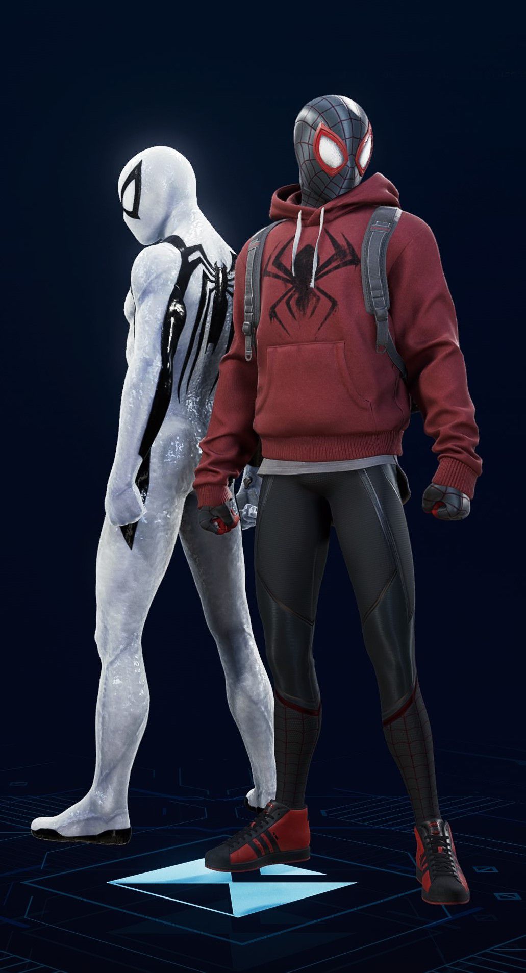 Miles Morales stands in his Bodega Cat Suit in the suit selection screen of Spider-Man 2.