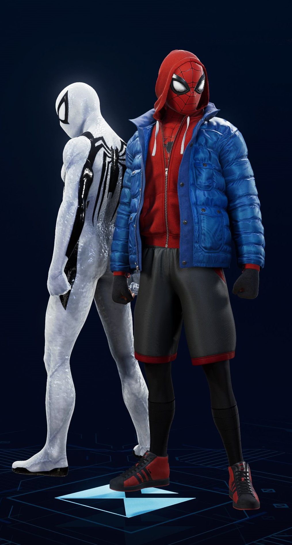 Miles Morales stands in his Sportswear Suit in the suit selection screen of Spider-Man 2.