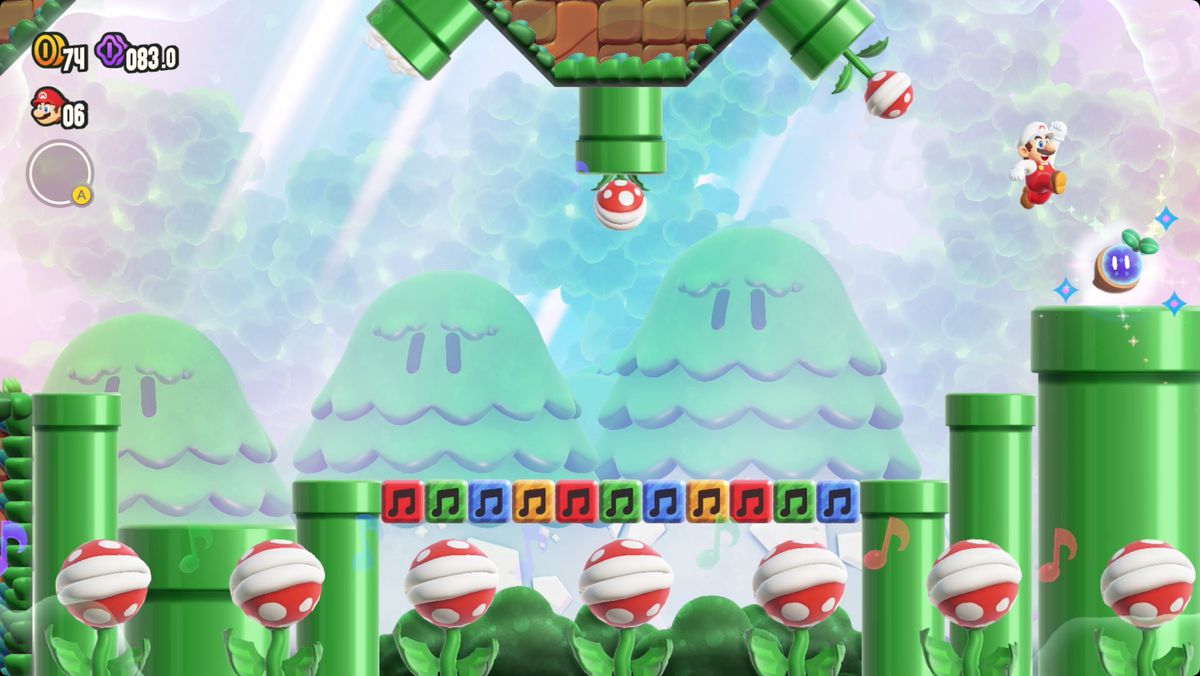 Super Mario Bros. Wonder Piranha Plants on Parade screenshot showing the location of a Wonder Seed.