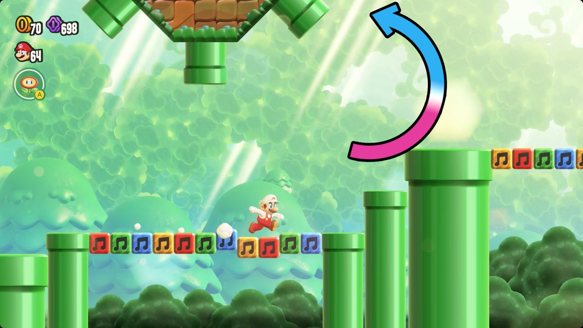 Super Mario Bros. Wonder Piranha Plants on Parade skärmdump som visar vägen till ett Wonder Seed.