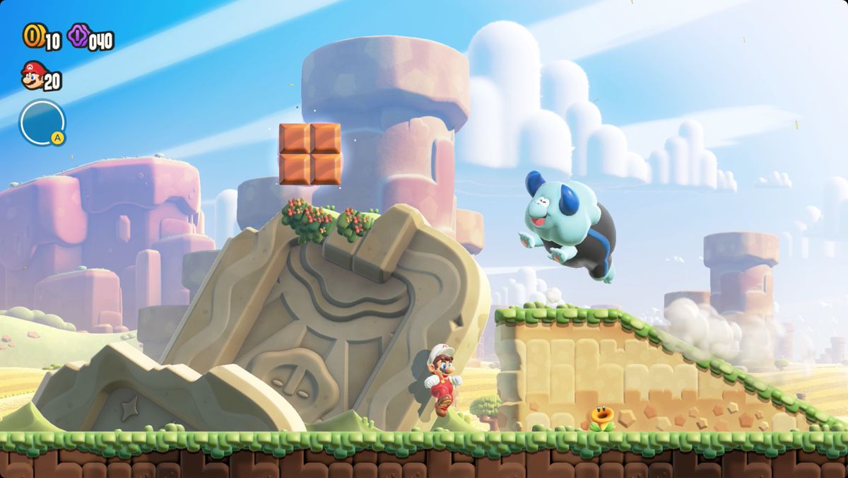 Super Mario Bros. Wonder Bulrush kommer igenom!  skärmdump som visar Wonder Flower-platsen.