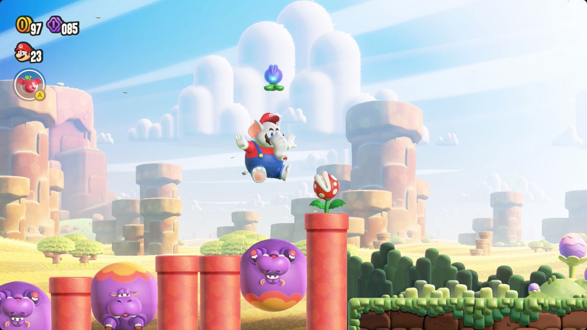 Super Mario Bros. Wonder Here Come the Hoppos screenshot showing the Wonder Flower location.