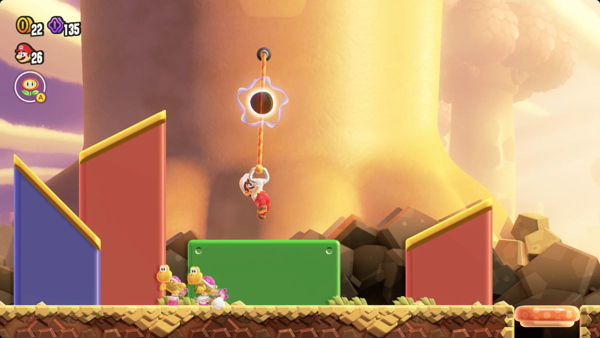 Super Mario Bros. Wonder Rolla Koopa Derby screenshot showing the Wonder Flower location.