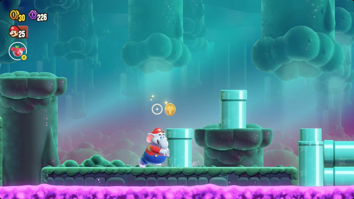 Super Mario Bros. Wonder Swamp Pipe Crawl screenshot showing the Wonder Flower location.