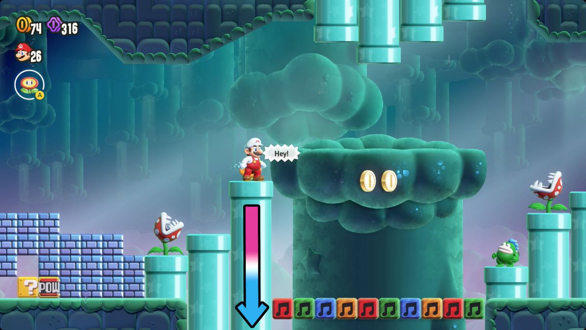 Super Mario Bros. Wonder Angry Spikes and Sinkin’ Pipes screenshot showing the Wonder Flower location.