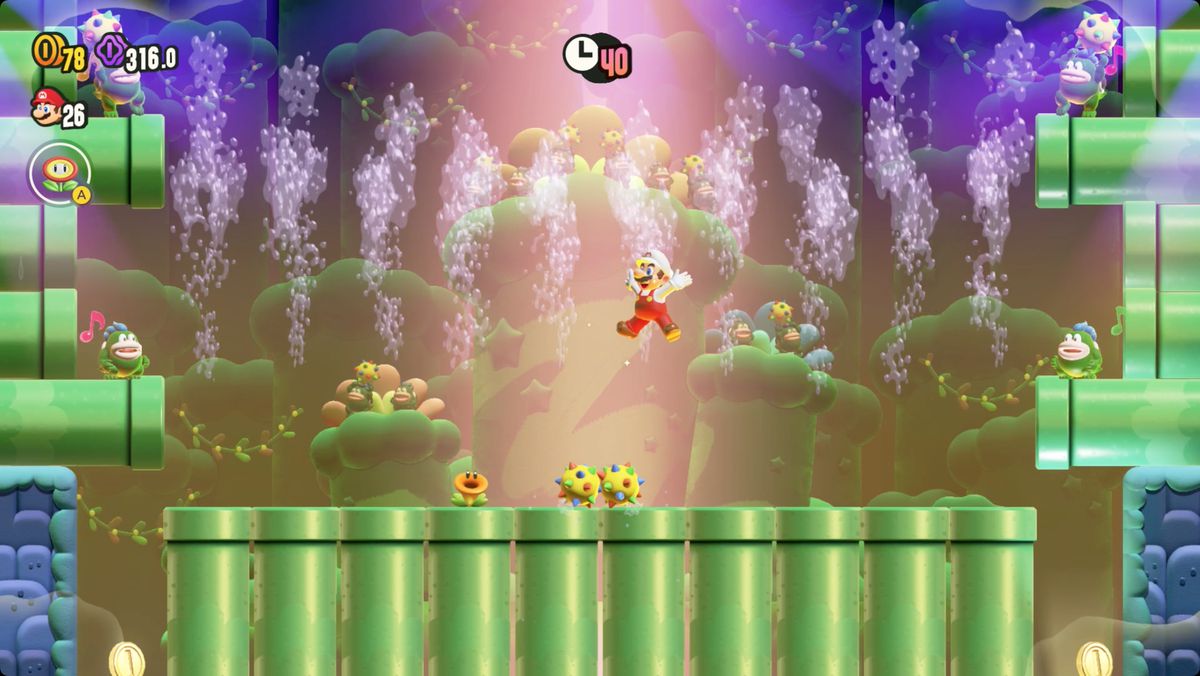 Super Mario Bros. Wonder Angry Spikes and Sinkin’ Pipes screenshot showing the route to a Wonder Seed.