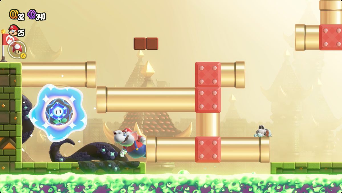 Super Mario Bros. Wonder Pipe-Rock Plateau Palace screenshot showing the Wonder Flower location.