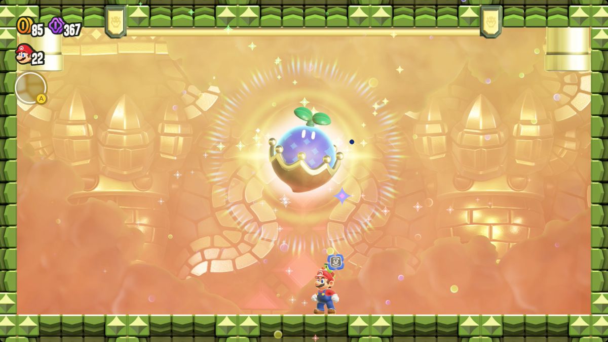 Super Mario Bros. Wonder Pipe-Rock Plateau Palace screenshot showing Mario collecting the Royal Seed.