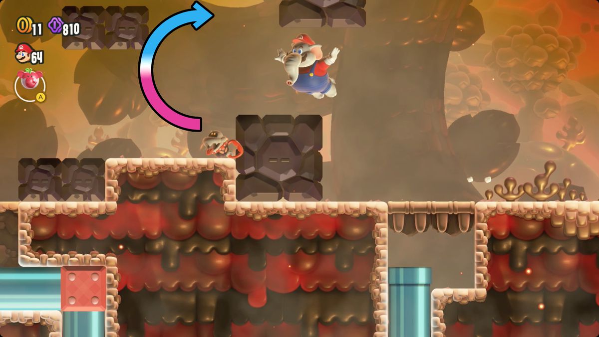 Super Mario Bros. Wonder Hot-Hot Hot!  skärmdump som visar rutten till ett Wonder Seed.