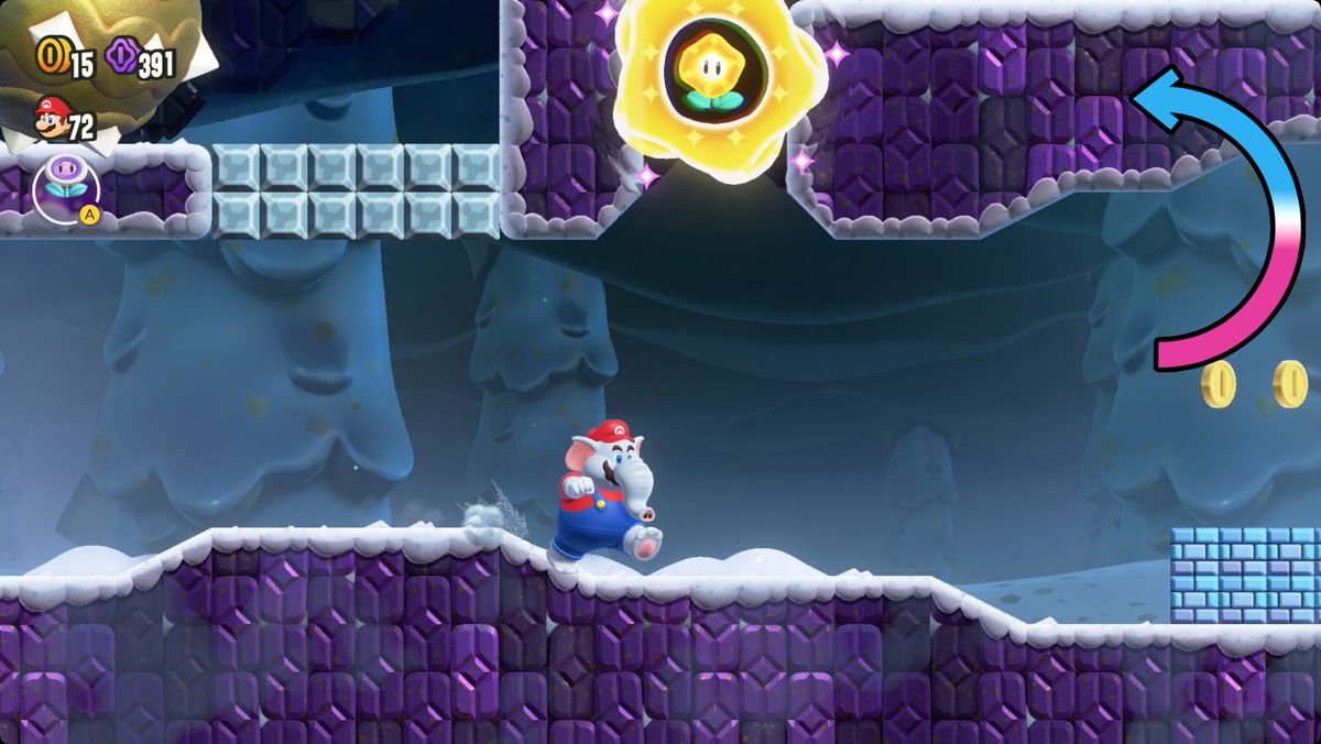 Super Mario Bros. Wonder Rolling-Ball Hall screenshot showing the Wonder Flower location.