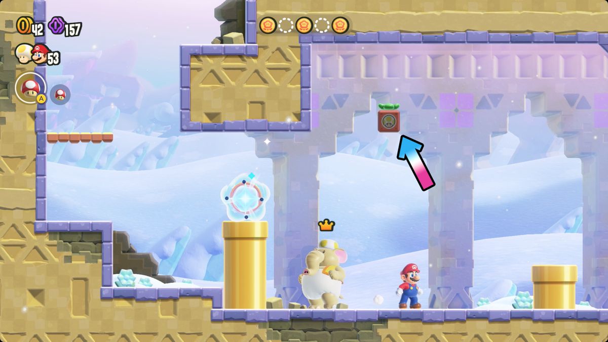 Super Mario Bros. Wonder Search Party: Puzzling Park-skärmdump som visar den andra Wonder Token-platsen.