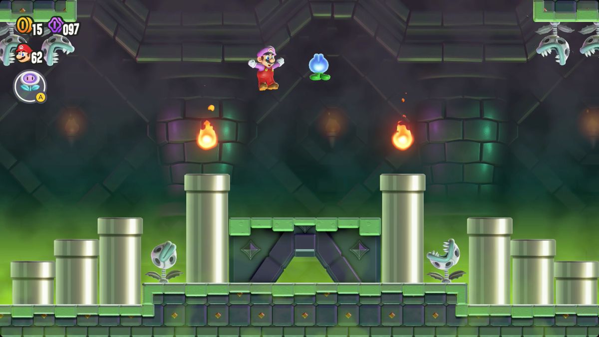 Super Mario Bros. Wonder Fluff-Puff Peaks Palace screenshot showing the Wonder Flower location.