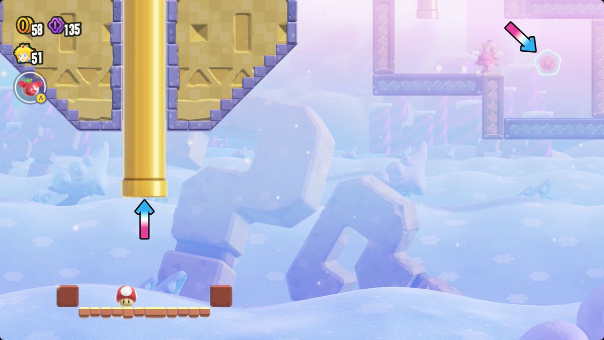 Super Mario Bros. Wonder Search Party: Puzzling Park-skärmdump som visar den tredje Wonder Token-platsen.