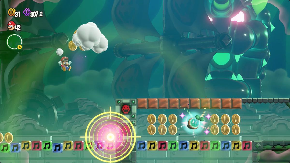 Super Mario Bros. Wonder Fluff-Puff Peaks Flying Battleship screenshot showing the location of a Wonder Seed.