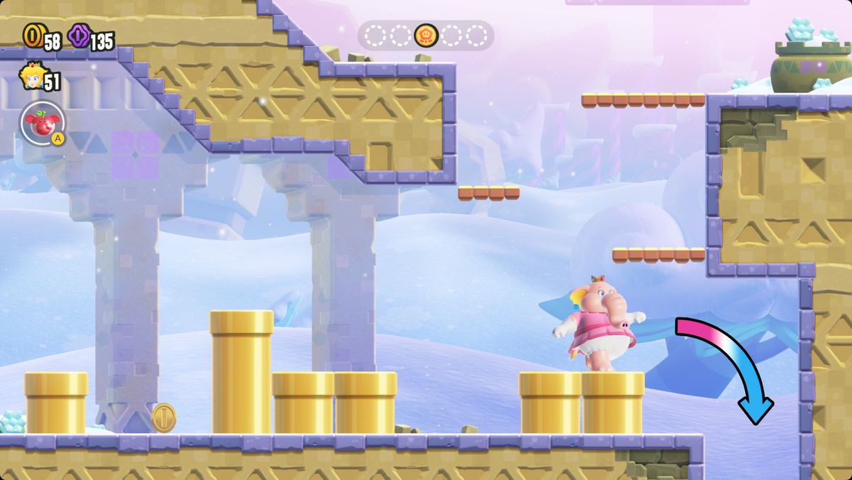 Super Mario Bros. Wonder Search Party: Puzzling Park screenshot showing the fourth Wonder Token location.