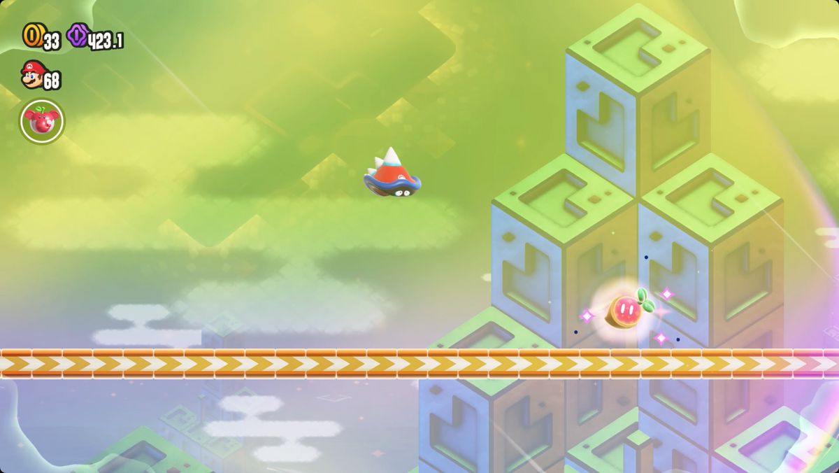 Super Mario Bros. Wonder The Final Trial: Zip Track Dash skärmdump som visar platsen för ett Wonder Seed.