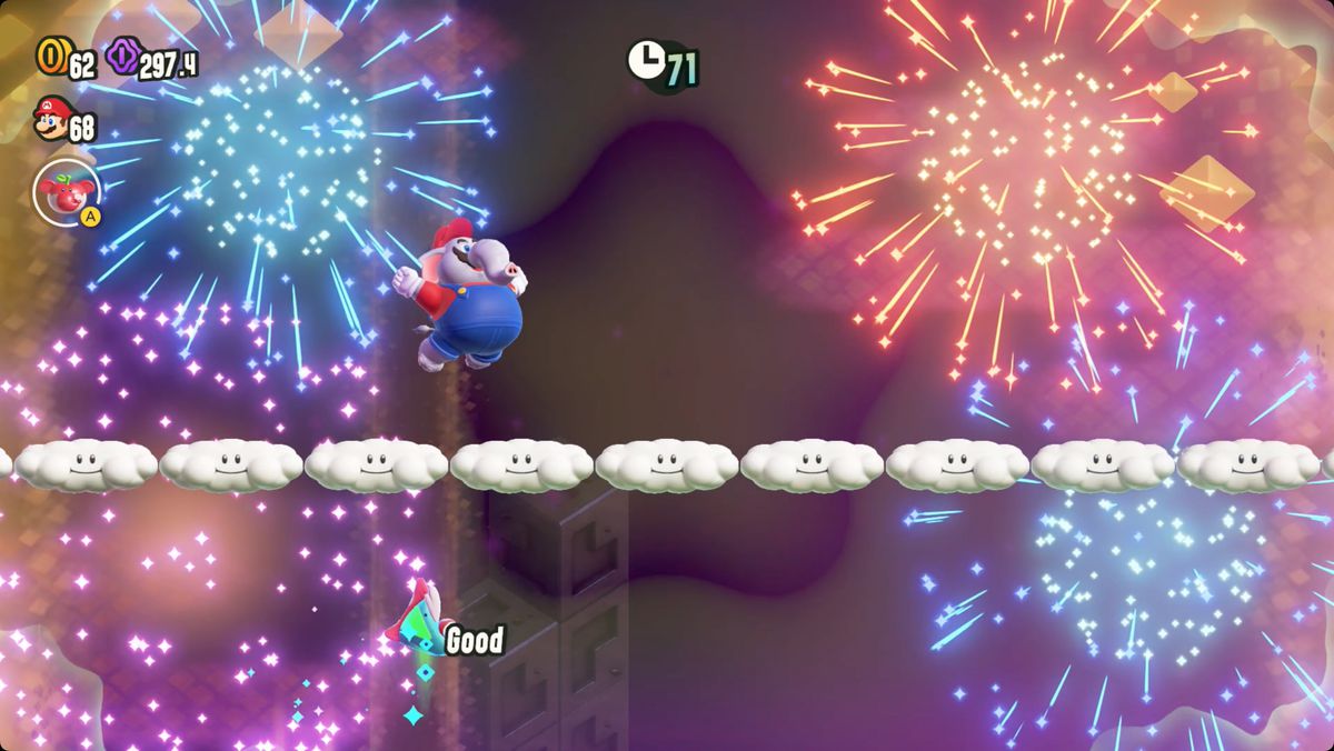 Super Mario Bros. Wonder The Anglefish Trial: Klar, sikta, flyg!  skärmdump som visar platsen för ett Wonder Seed.