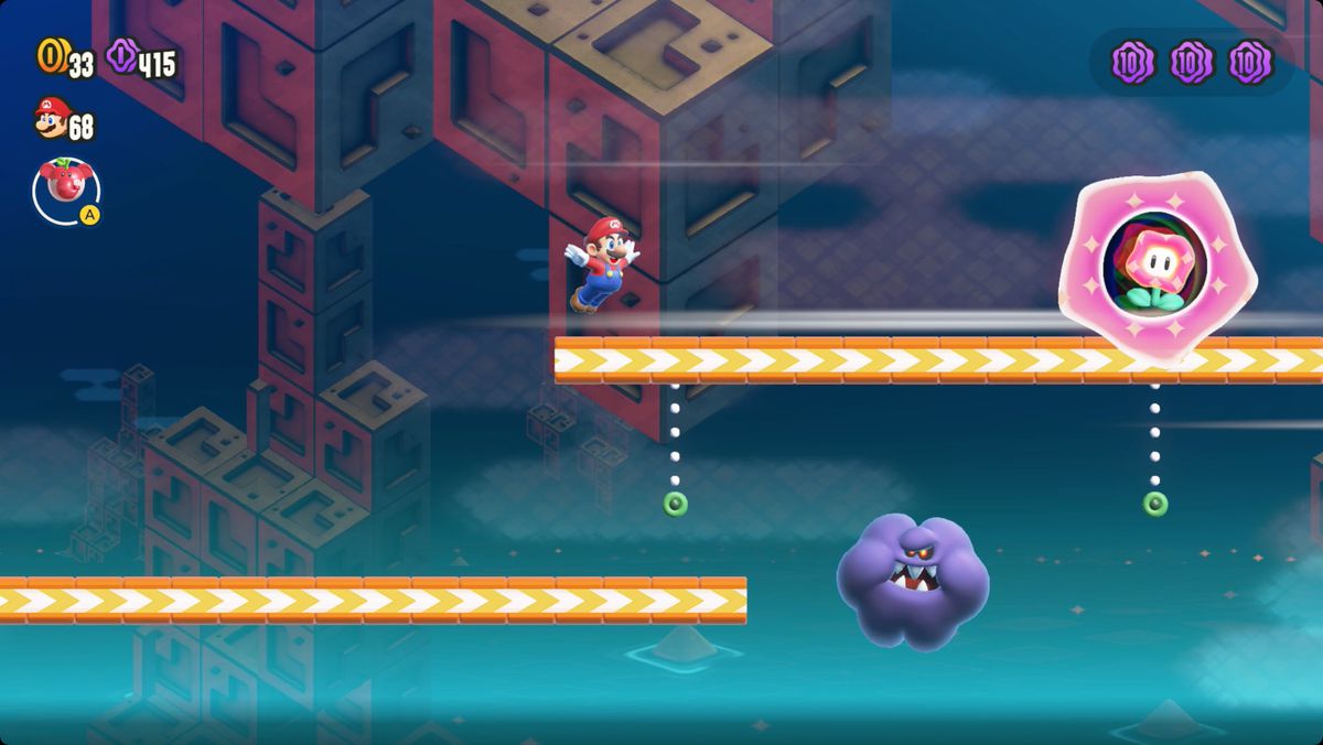 Super Mario Bros. Wonder The Final Trial: Zip Track Dash-skärmdump som visar Wonder Flower-platsen.