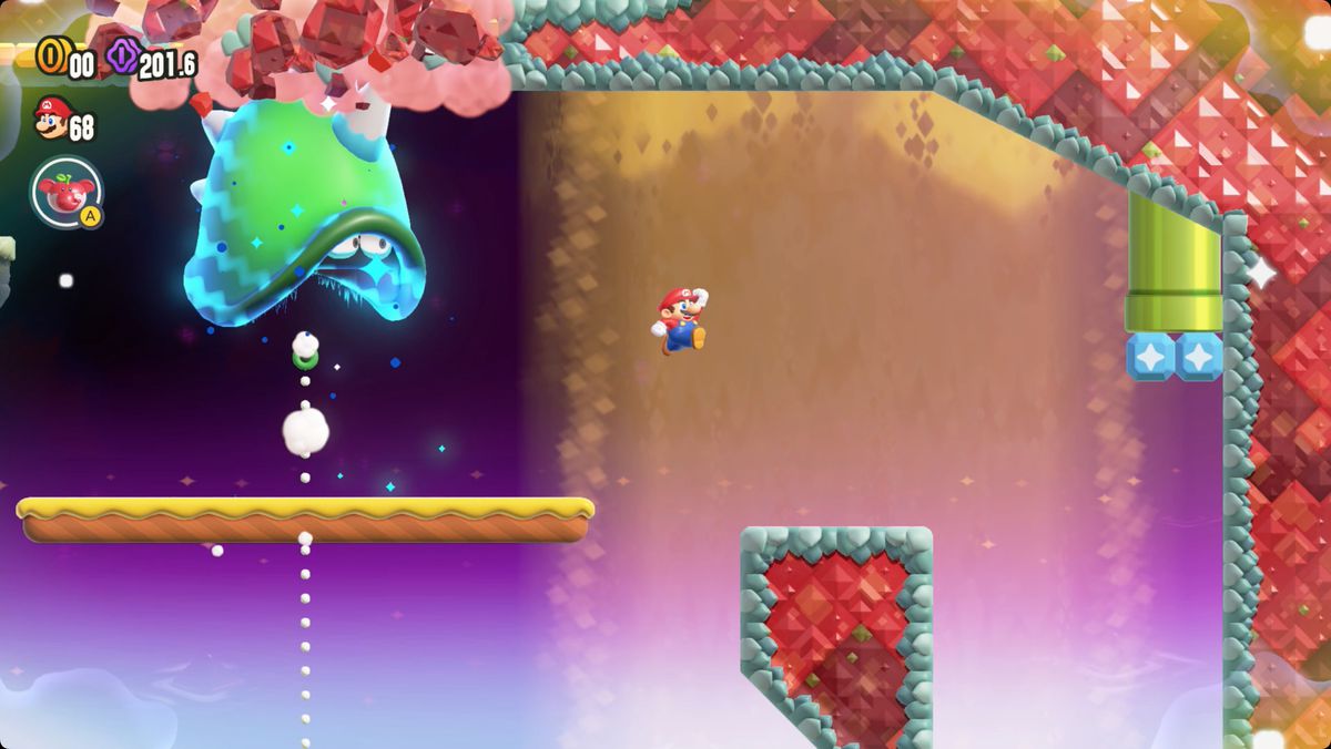 Super Mario Bros. Wonder The Hoppycat Trial: Hop, Hop och Awaaay skärmdump som visar vägen till ett Wonder Seed.