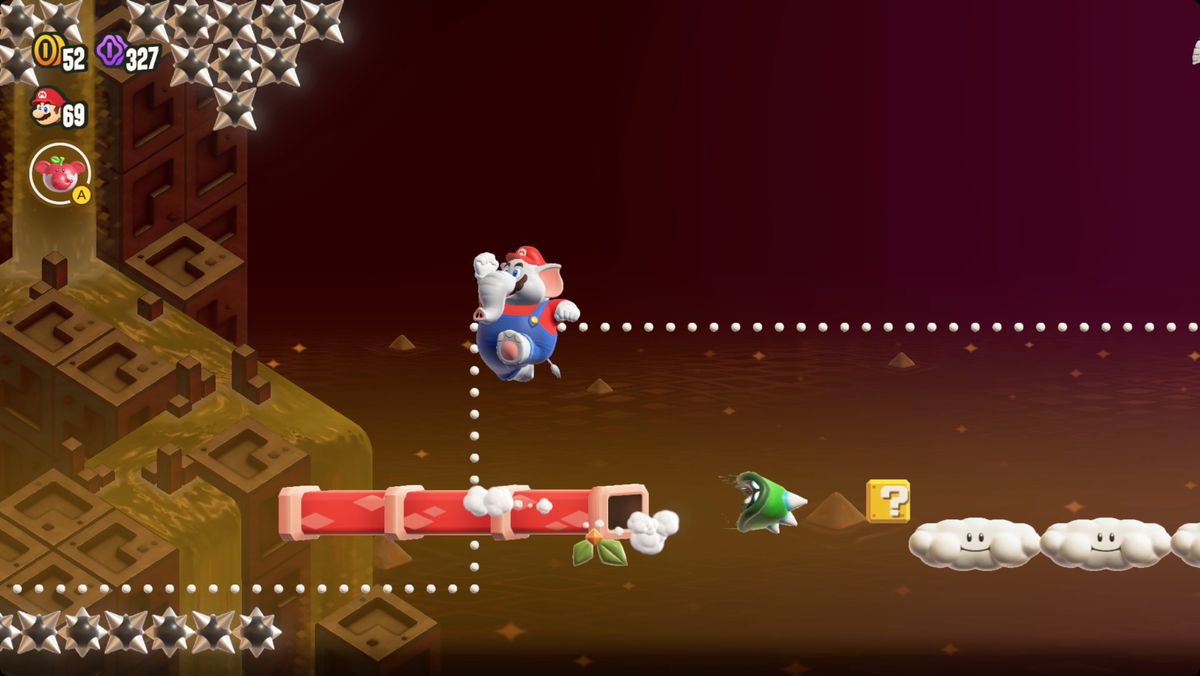 Super Mario Bros. Wonder The Sharp Trial: Launch to Victory-skärmdump som visar Wonder Flower-platsen.