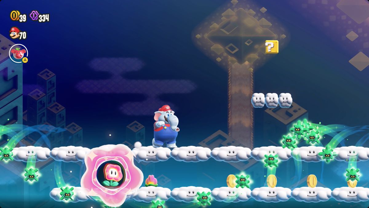 Super Mario Bros. Wonder The Sugarstar Trial: Across the Night Sky-skärmdump som visar Wonder Flower-platsen.