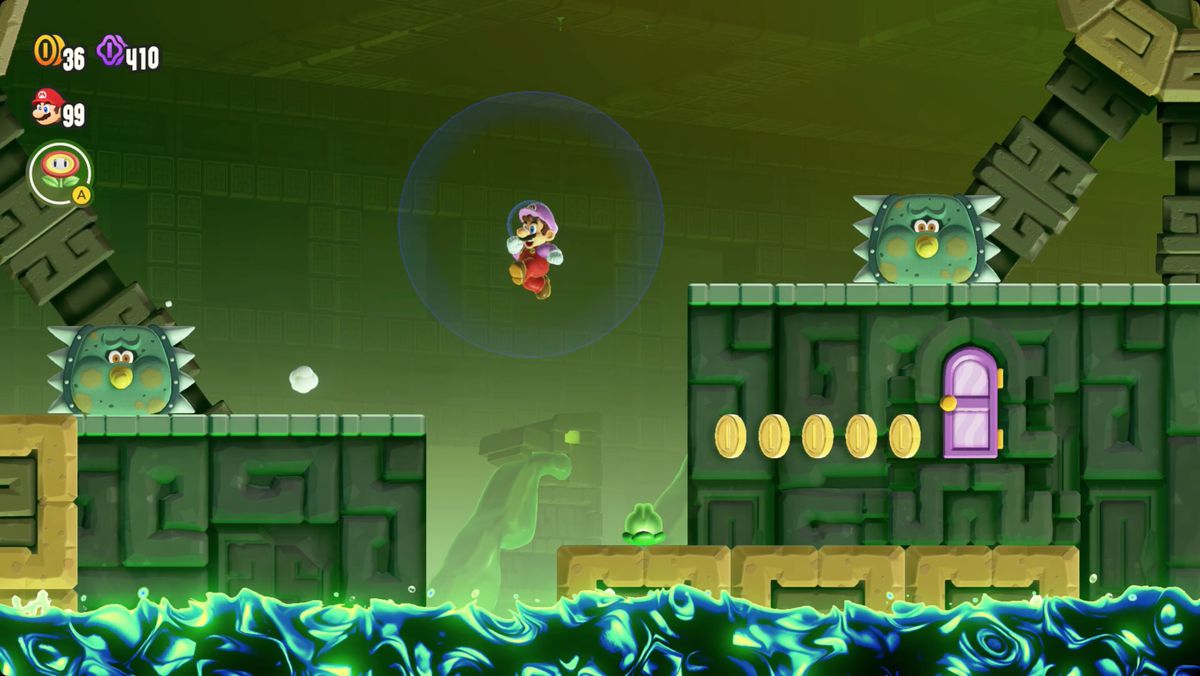 Super Mario Bros. Wonder Another Uncharted Area: Swaying Ruins skärmdump som visar Wonder Flower-platsen.