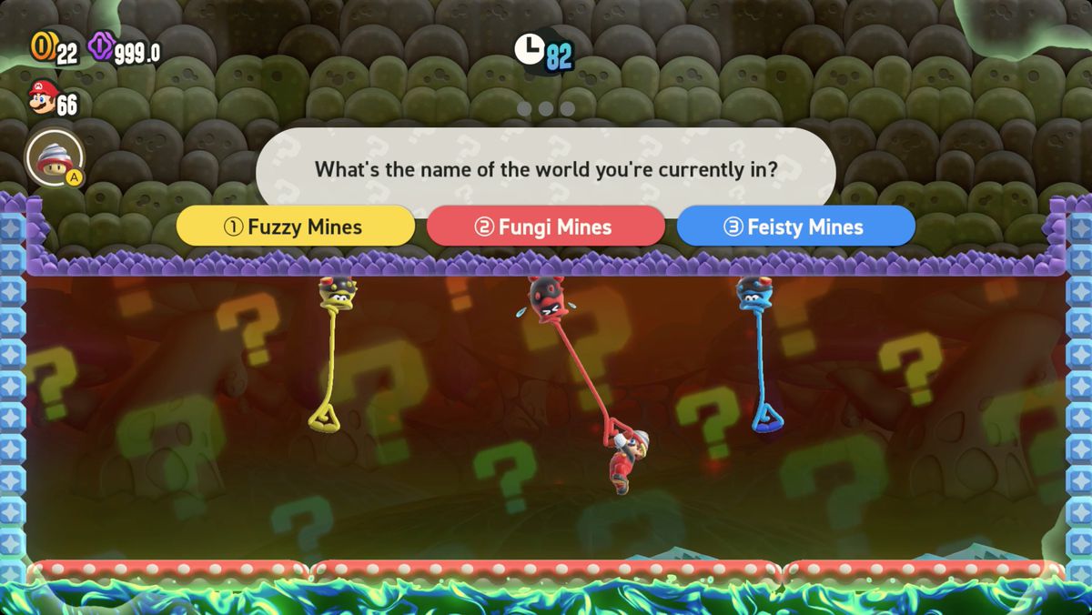 Super Mario Bros. Wonder-quiz för att samla ett Wonder Seed i Taily's Toxic Pond.