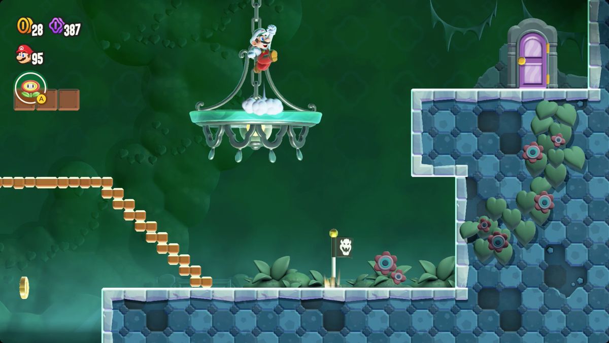 Super Mario Bros. Wonder Light-Switch Mansion skärmdump som visar Wonder Flower-platsen.