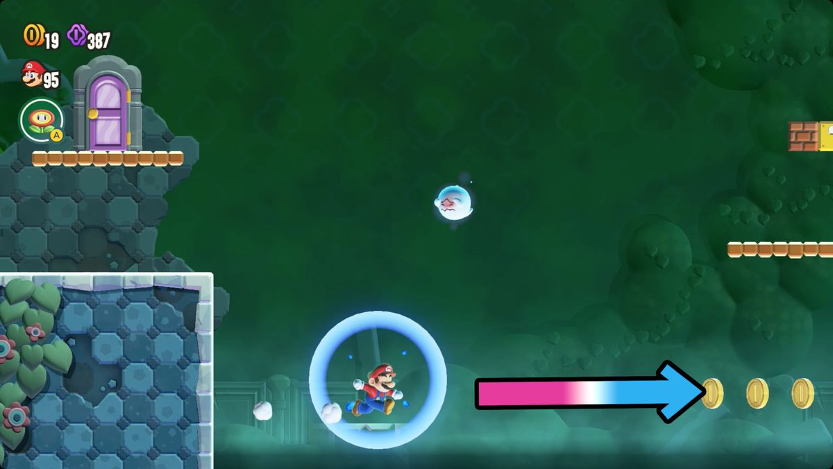 Super Mario Bros. Wonder Light-Switch Mansion skärmdump som visar vägen till ett Wonder Seed.