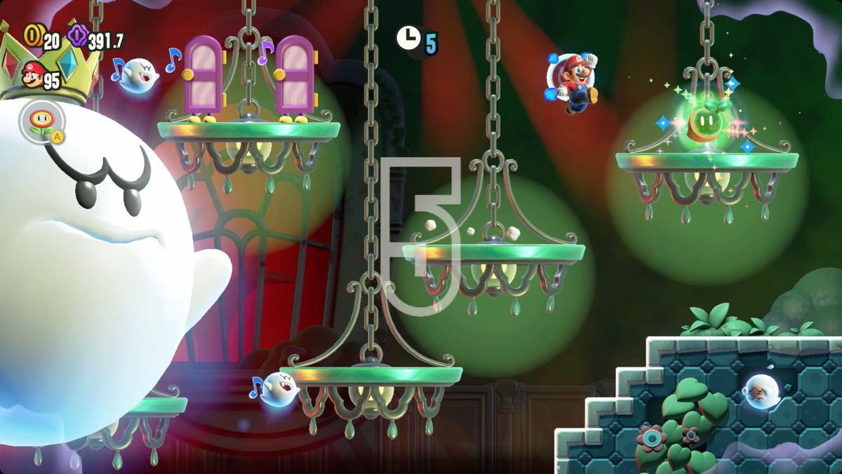 Super Mario Bros. Wonder Light-Switch Mansion skärmdump som visar platsen för ett Wonder Seed.