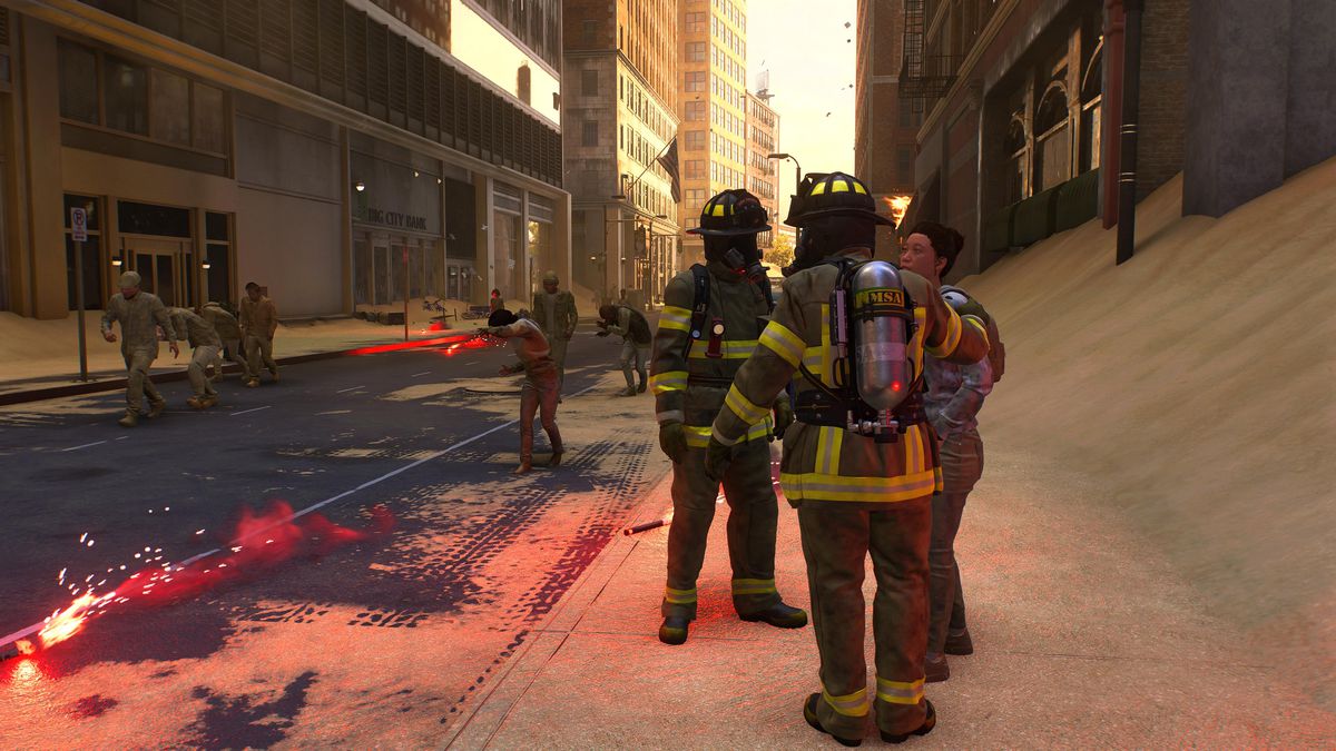 Brandmän kontrollerar en civil person på platsen för en traumatisk händelse i Spider-Man 2.