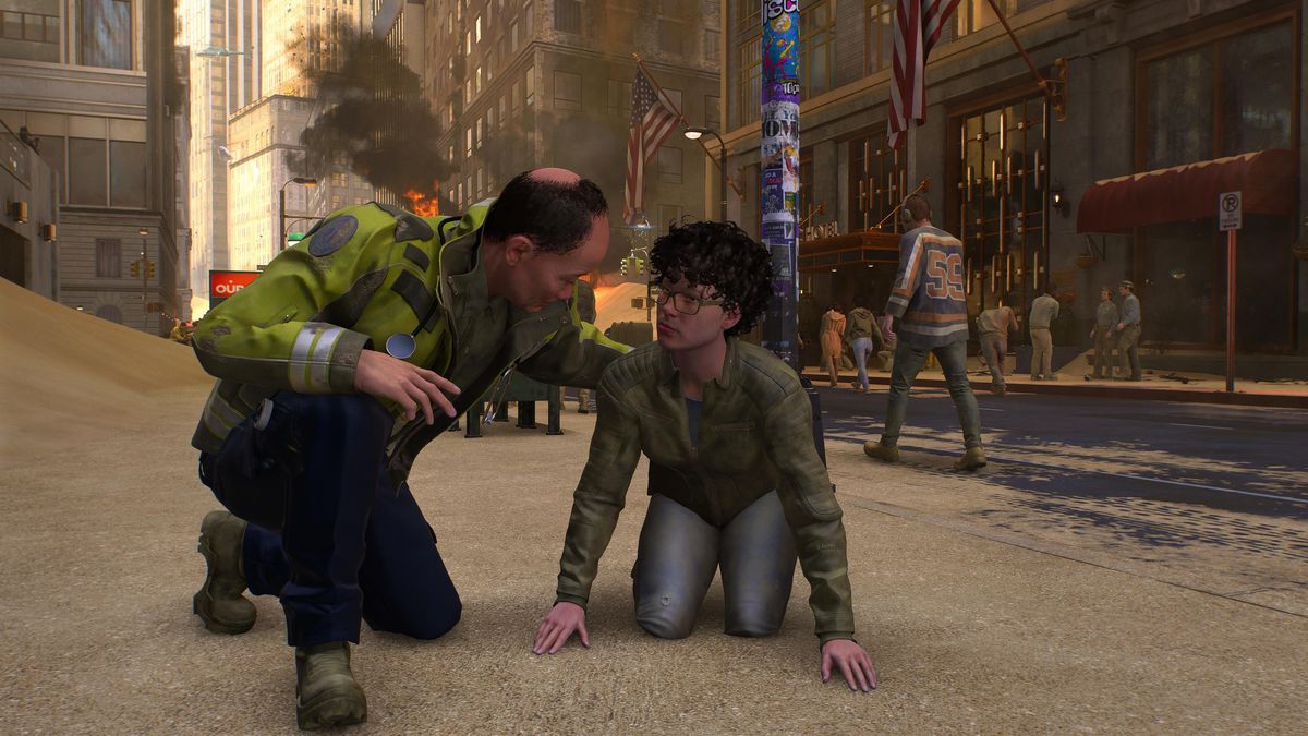 En sjukvårdare hjälper en ung person på fötter i Spider-Man 2.