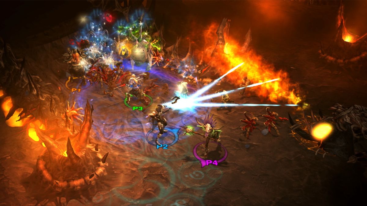 Four players battle hellspawn in a screenshot from Diablo 3 for Nintendo Switch