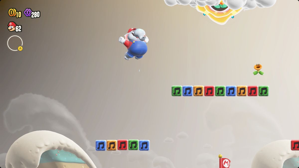 Super Mario Bros. Wonder Downpour Uproar screenshot showing the Wonder Flower location.