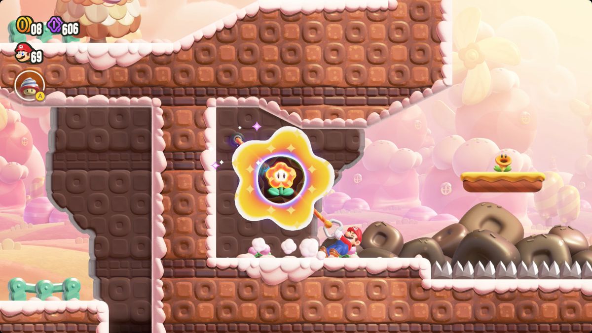 Super Mario Bros. Wonder Maw-Maw Mouthful screenshot showing the Wonder Flower location.