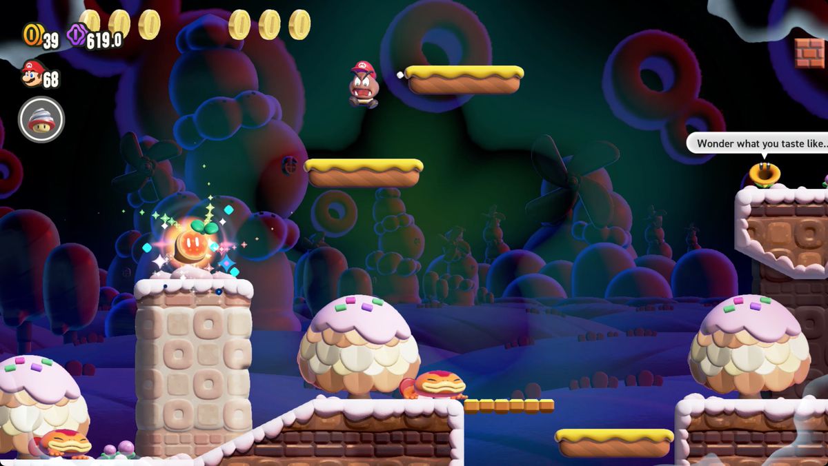 Super Mario Bros. Wonder Maw-Maw Mouthful screenshot showing the location of a Wonder Seed.