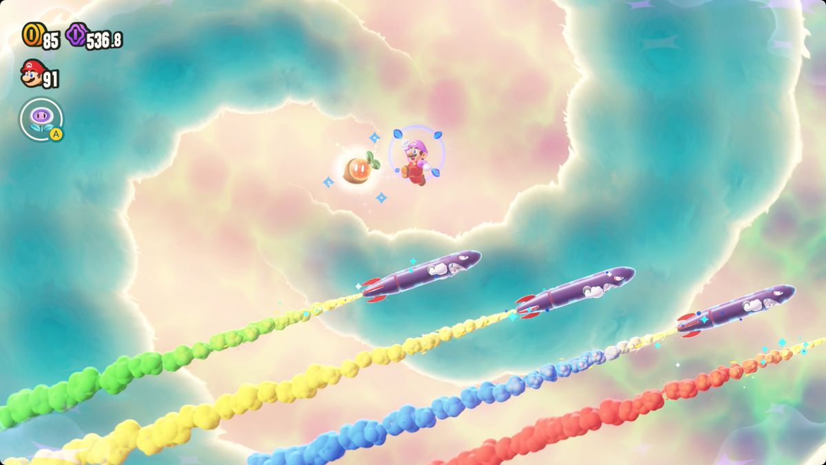 Super Mario Bros. Wonder Missile Meg Mayhem screenshot showing the location of a Wonder Seed.