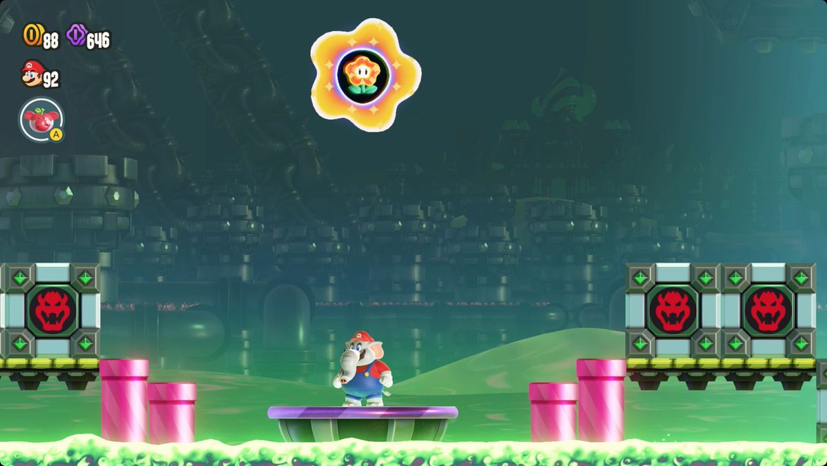 Super Mario Bros. Wonder KnuckleFest Bowser’s Blazing Beats screenshot showing the Wonder Flower location.