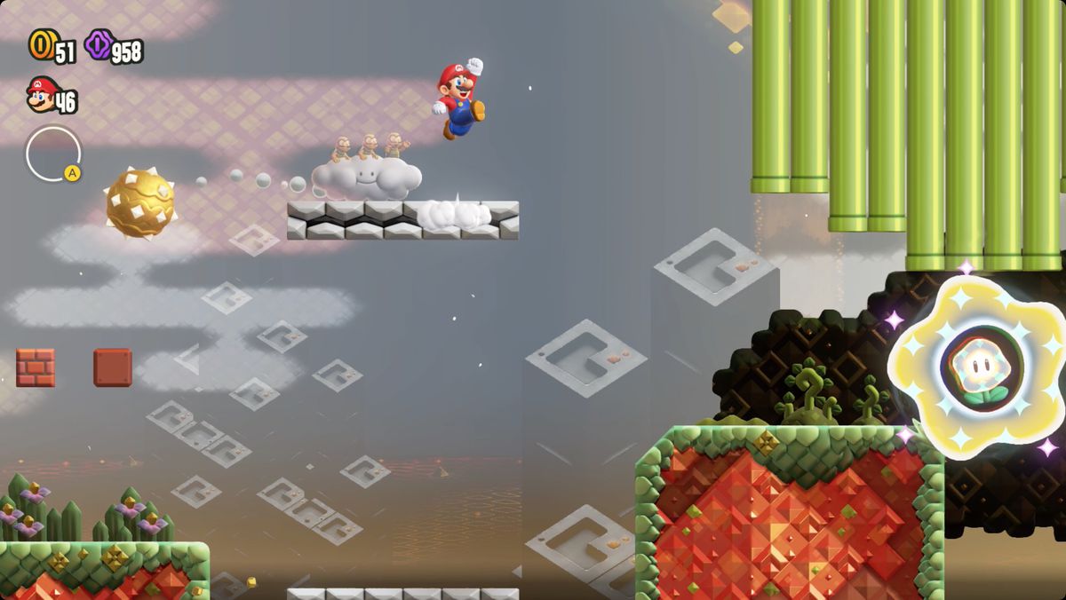 Super Mario Bros. Wonder Shining Falls Special Triple Threat Deluge-skärmdump som visar Wonder Flower-platsen.